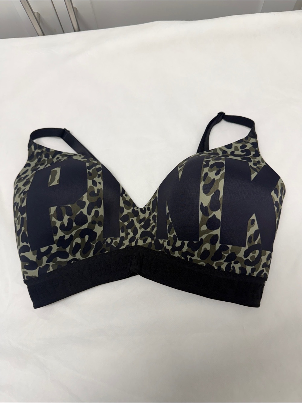 PINK Victoria's Secret Olive Leopard Print Wireless Sports Bra with Black Logo